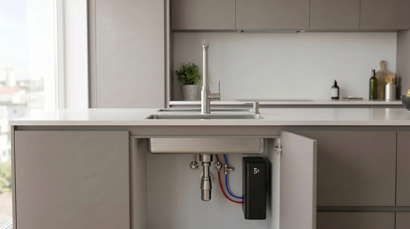 Sistema HULP instalado debaixo da banca numa cozinha real